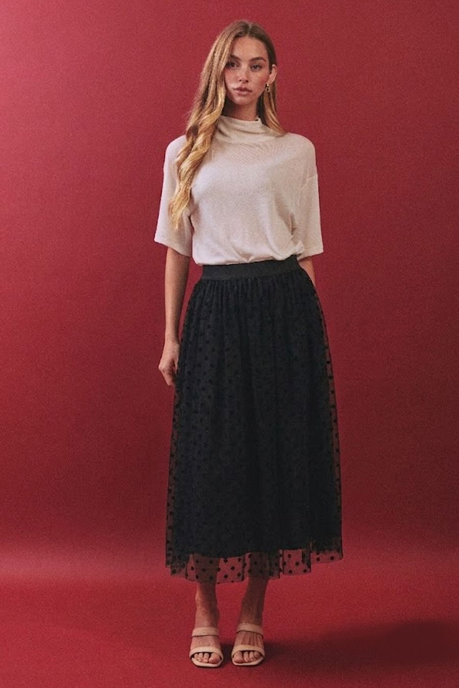 Oddi Black Polka Dot Layered Tulle Midi Skirt