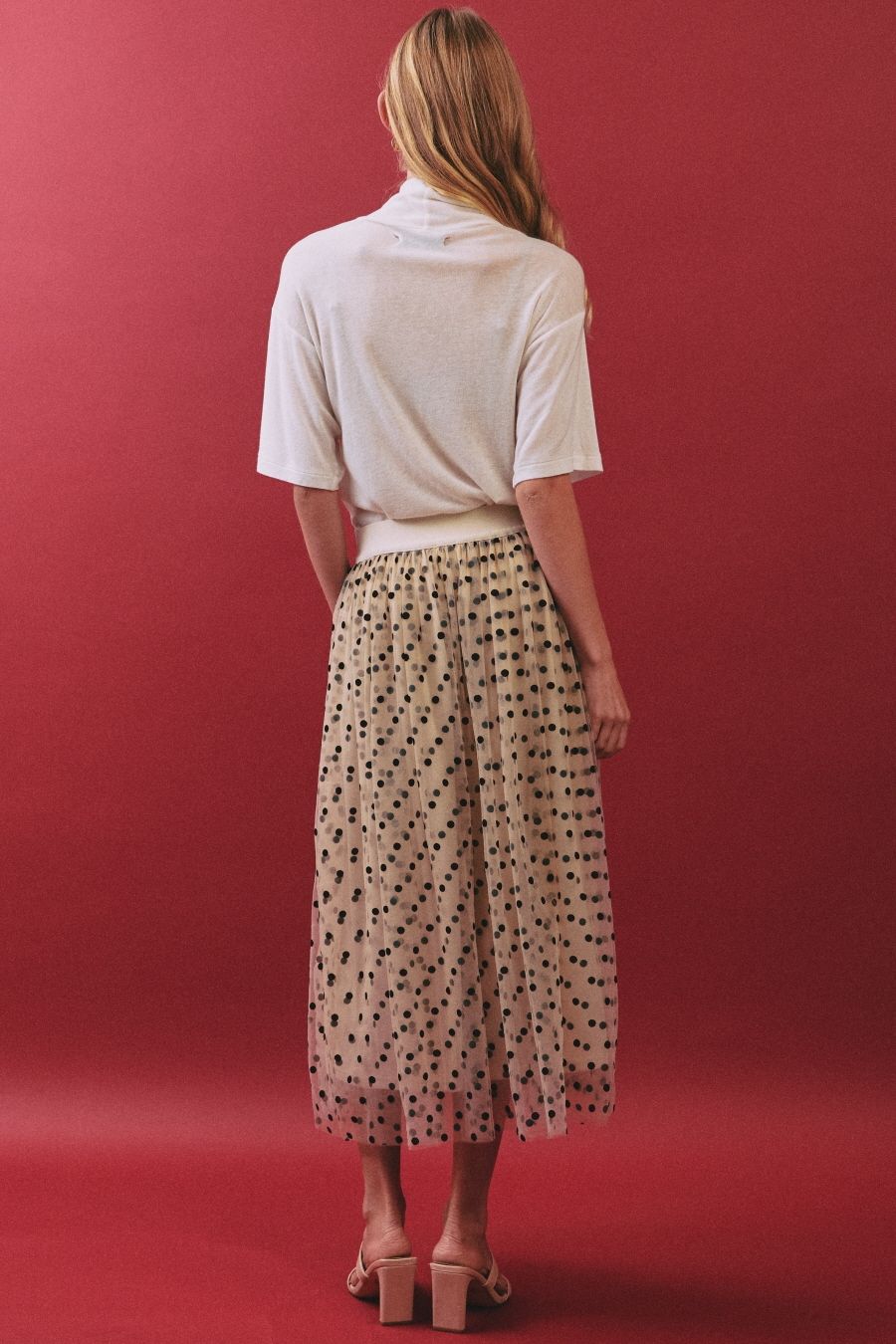 Oddi Apricot Polka Dot Layered Tulle Midi Skirt
