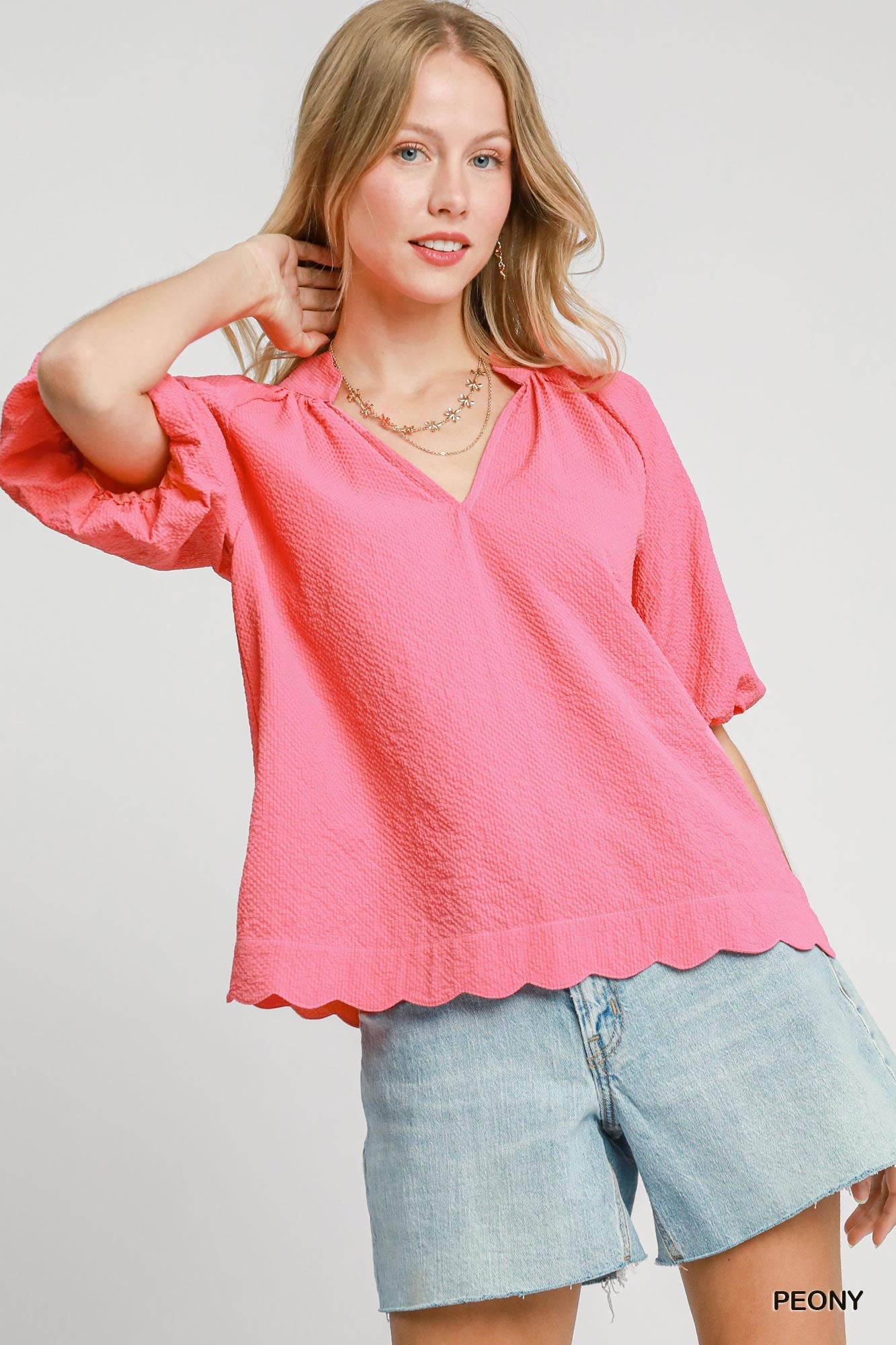 Umgee Peony Bubbled Sleeved Seersucker Top
