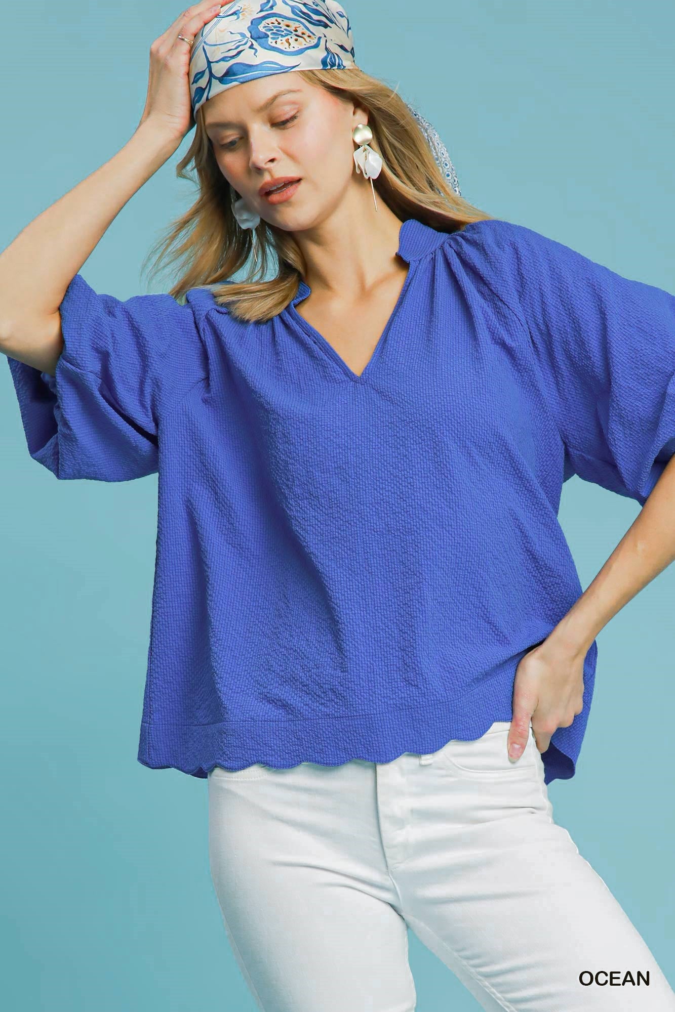 Umgee Ocean Bubbled Sleeved Seersucker Top