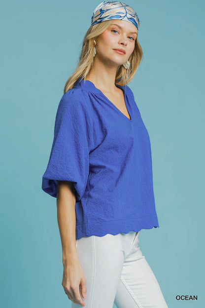 Umgee Ocean Bubbled Sleeved Seersucker Top