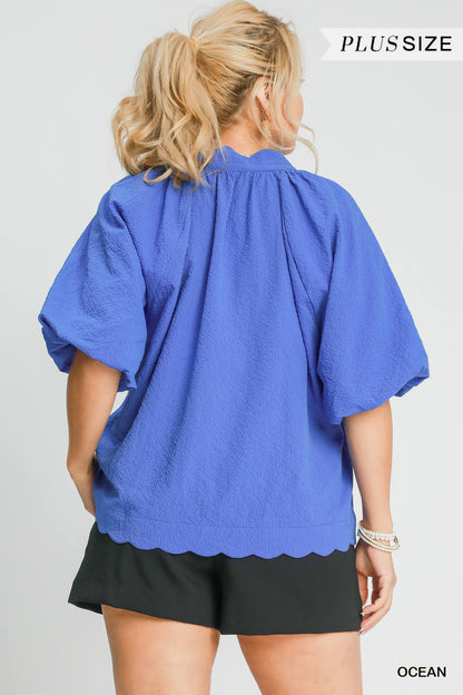 Umgee Plus Size Ocean Bubble Sleeved Seersucker Top