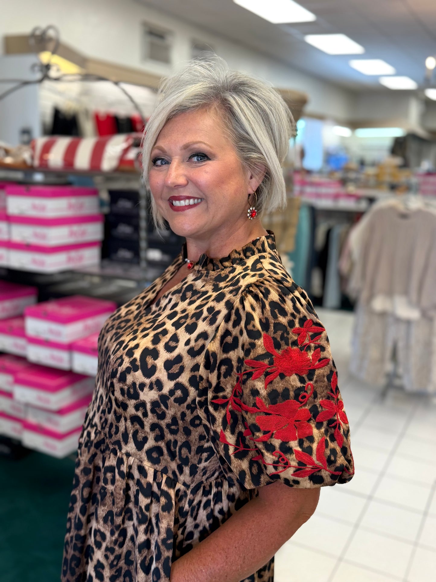 Jodifl Animal Print Tiered Dress with Embroidered Puff Sleeves
