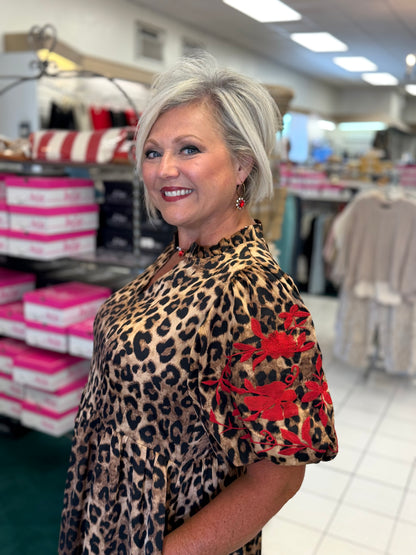 Jodifl Animal Print Tiered Dress with Embroidered Puff Sleeves