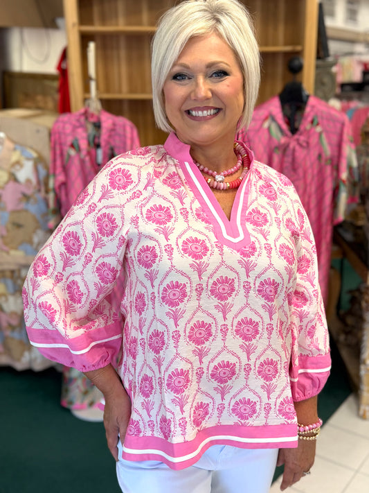 Jodifl Pink Floral Border Print Top