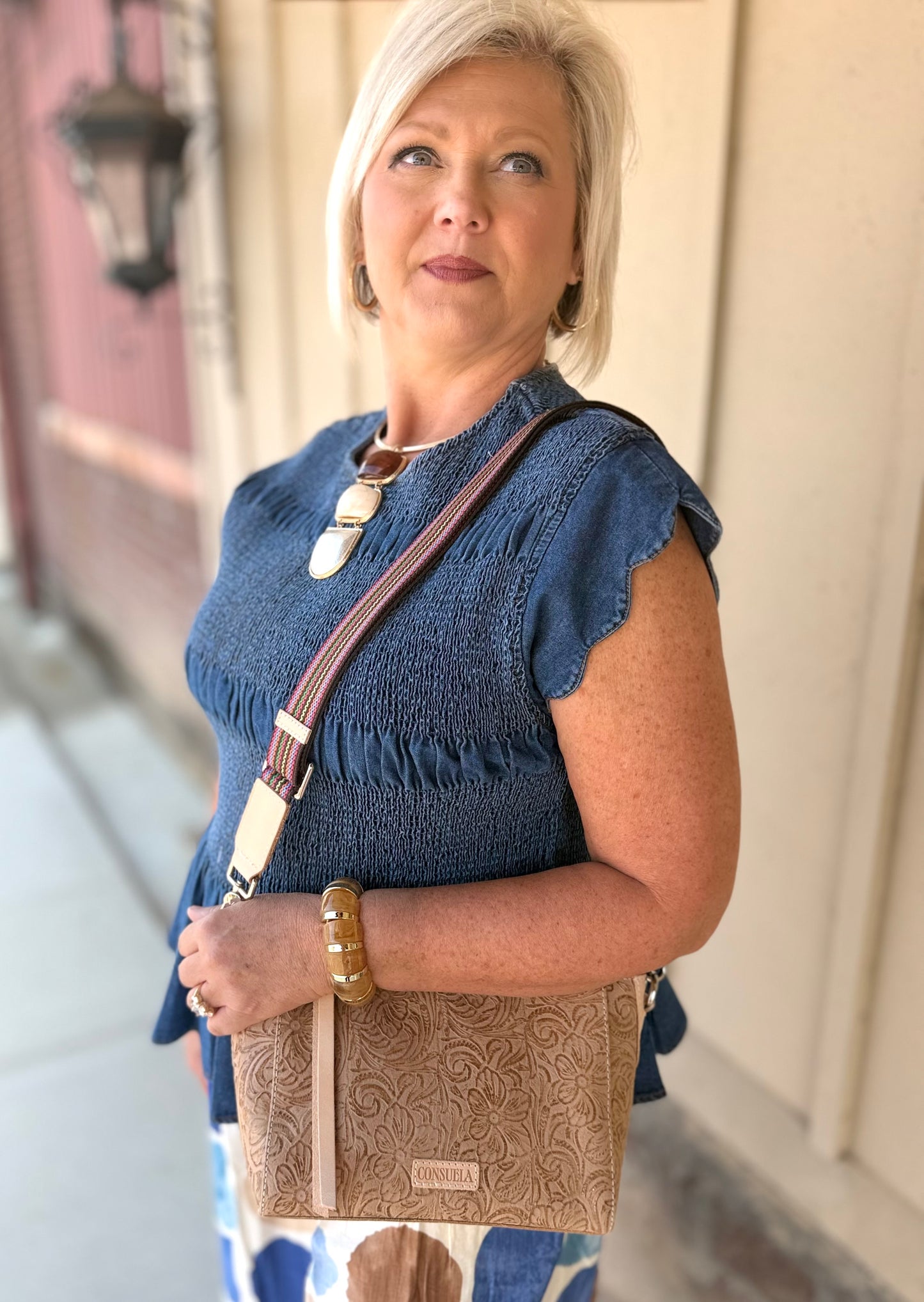 Umgee Chambray Smocked Peplum Top