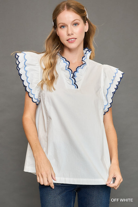 Umgee Off White Scallop Trim Ruffle Sleeve Top