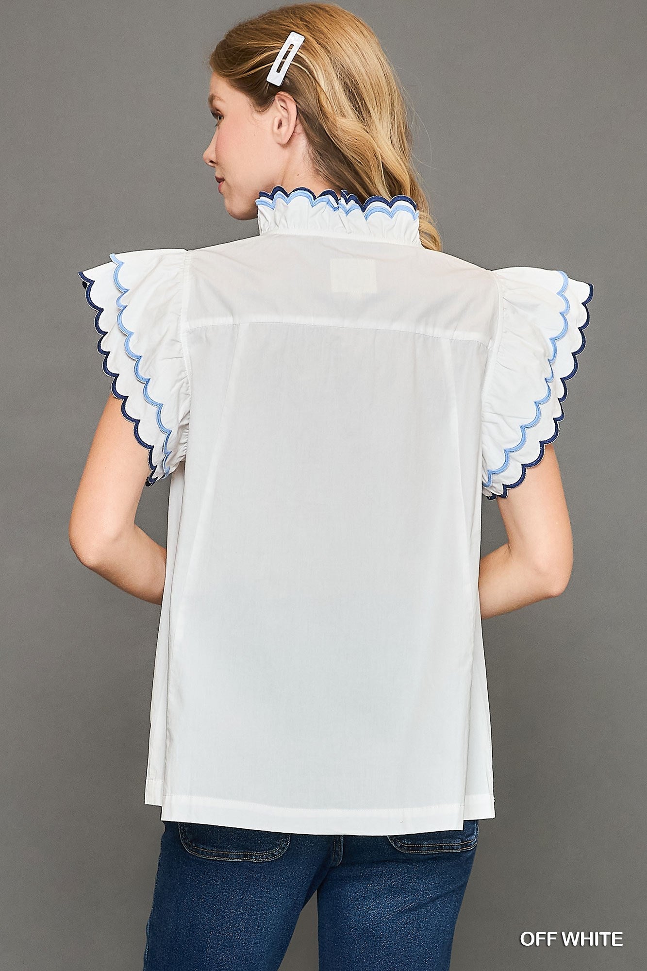 Umgee Off White Scallop Trim Ruffle Sleeve Top