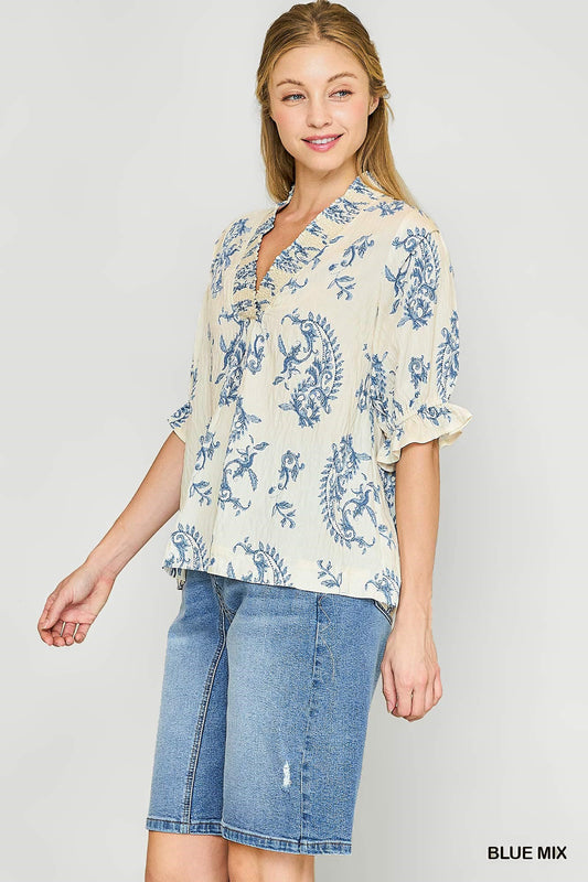 Umgee Willow Vine Ruffle Trim Blouse
