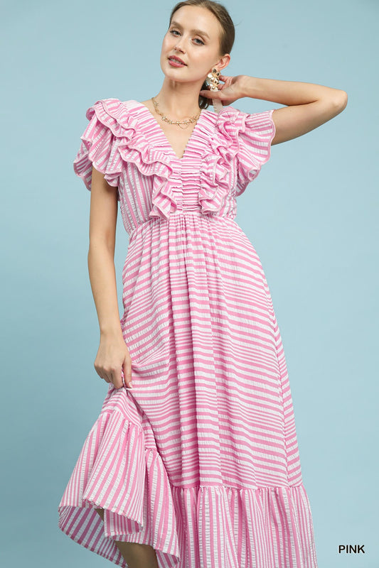 Umgee Pink Ruffled Striped Midi Dress