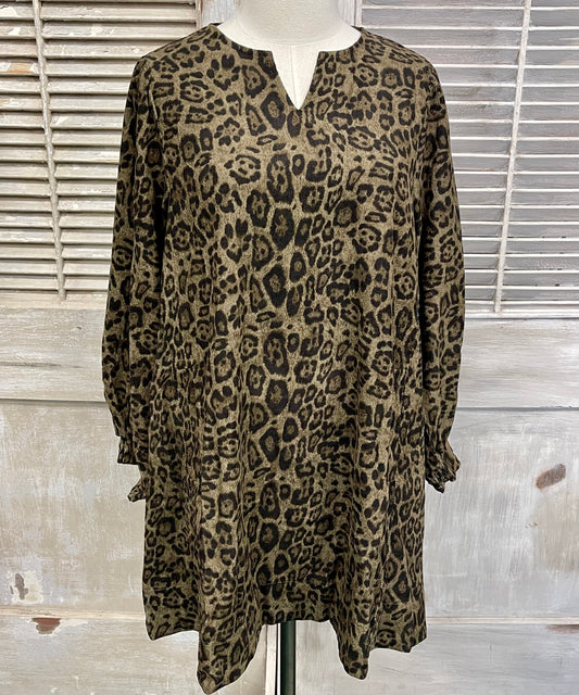 Umgee Olive Corduroy Leopard Print Long Sleeve Swing Dress