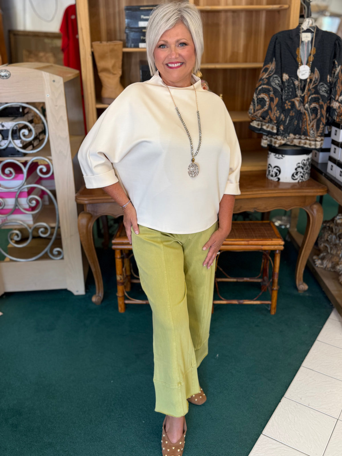 Glam Ivory Mock-Neck 3/4 Sleeve Everyday Top