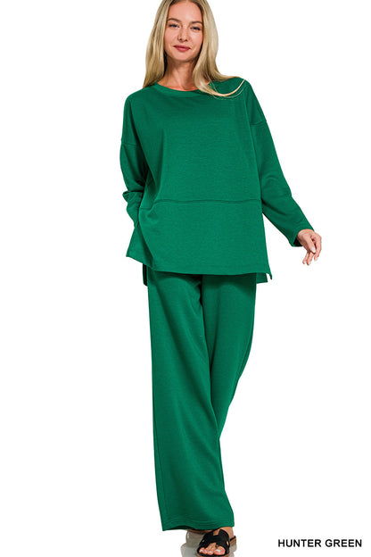 Zenana HUNTER GREEN SCUBA SIDE SLIT TOP & PANTS SET