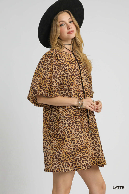 Umgee Puff Sleeve Short Leopard Print Dress