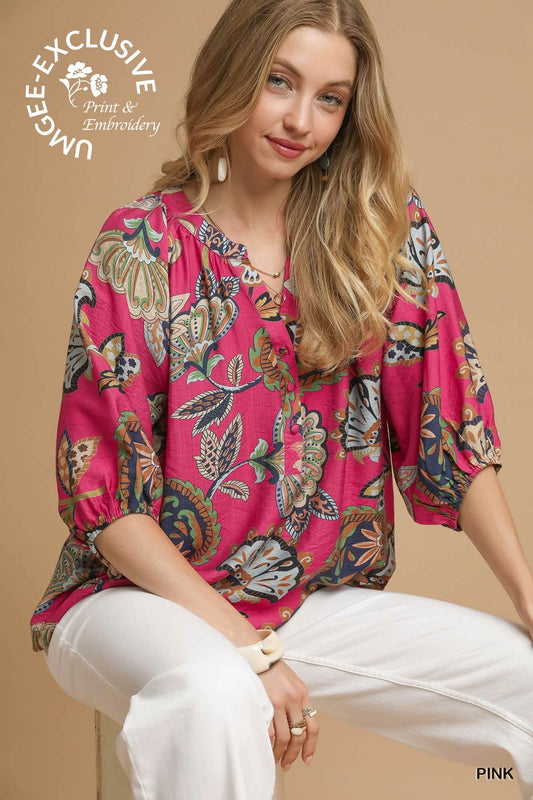 Umgee Pink Boho Paisley Puff Sleeve Top