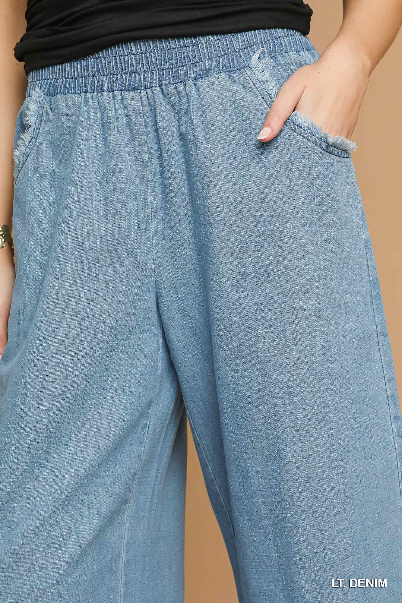Umgee Light Washed Denim Pants with Fringe Hem