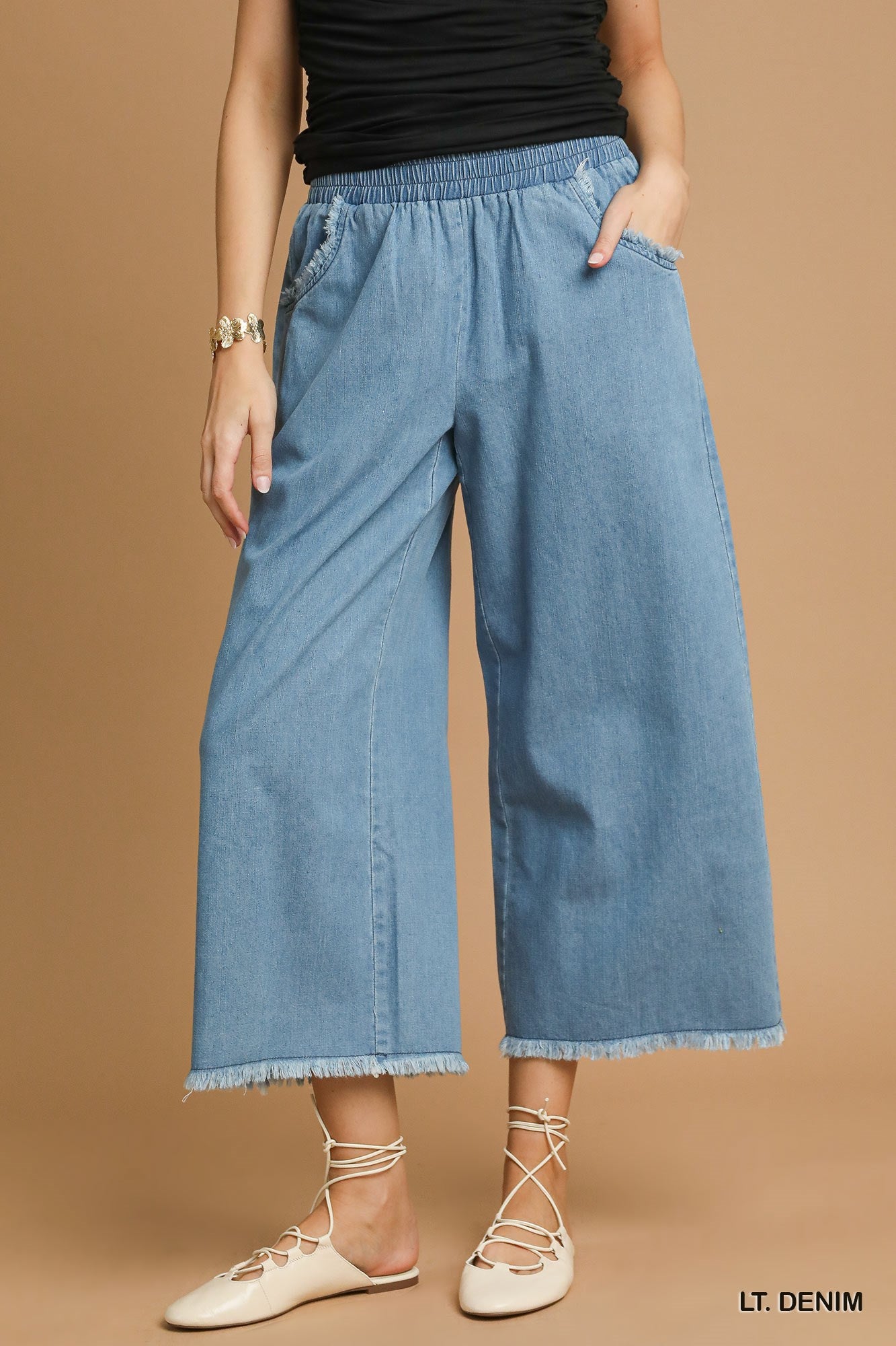 Umgee Light Washed Denim Pants with Fringe Hem
