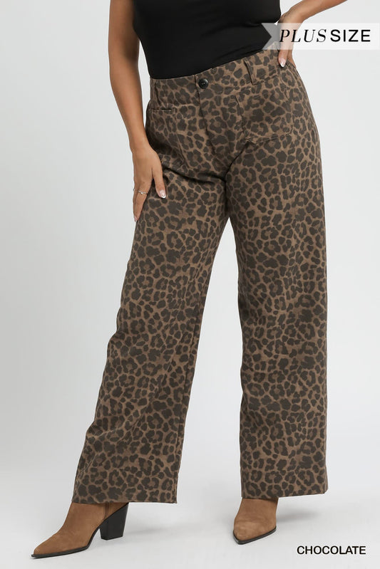 Umgee Plus Size Chocolate Animal Print Non- Stretch Wide Leg Pants