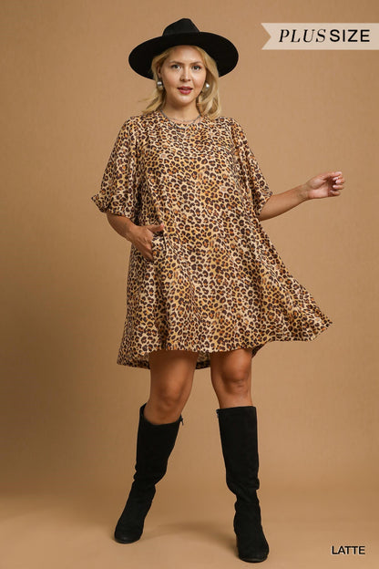 Umgee Plus Size Leopard Print Puff Sleeve Dress