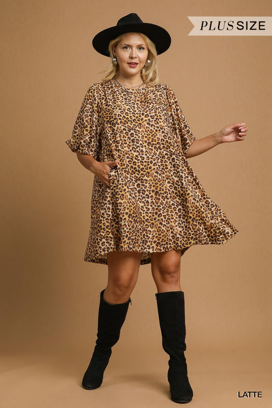 Umgee Plus Size Leopard Print Puff Sleeve Dress