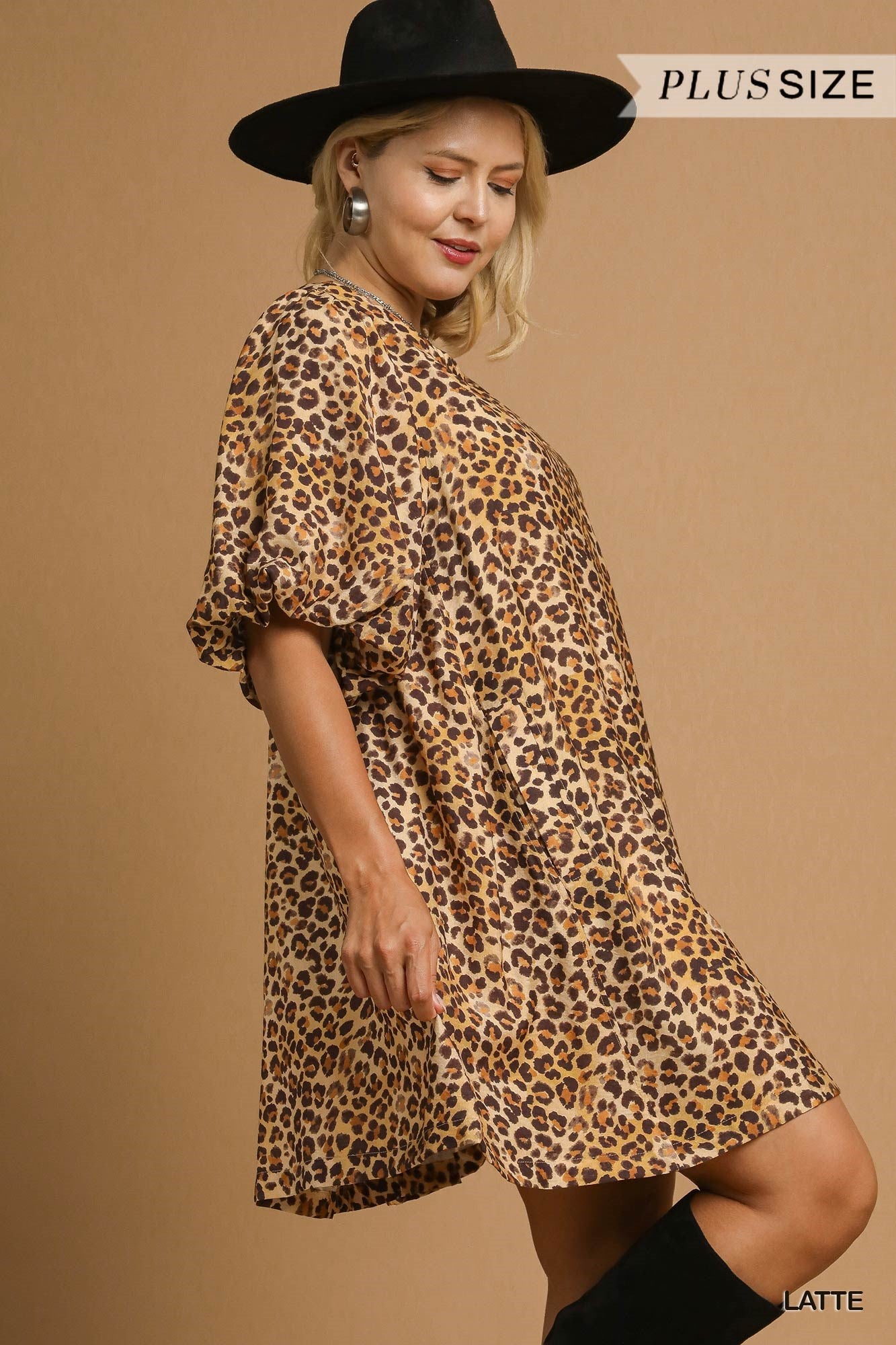 Umgee Plus Size Leopard Print Puff Sleeve Dress