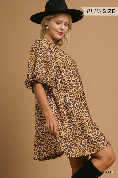 Umgee Plus Size Leopard Print Puff Sleeve Dress