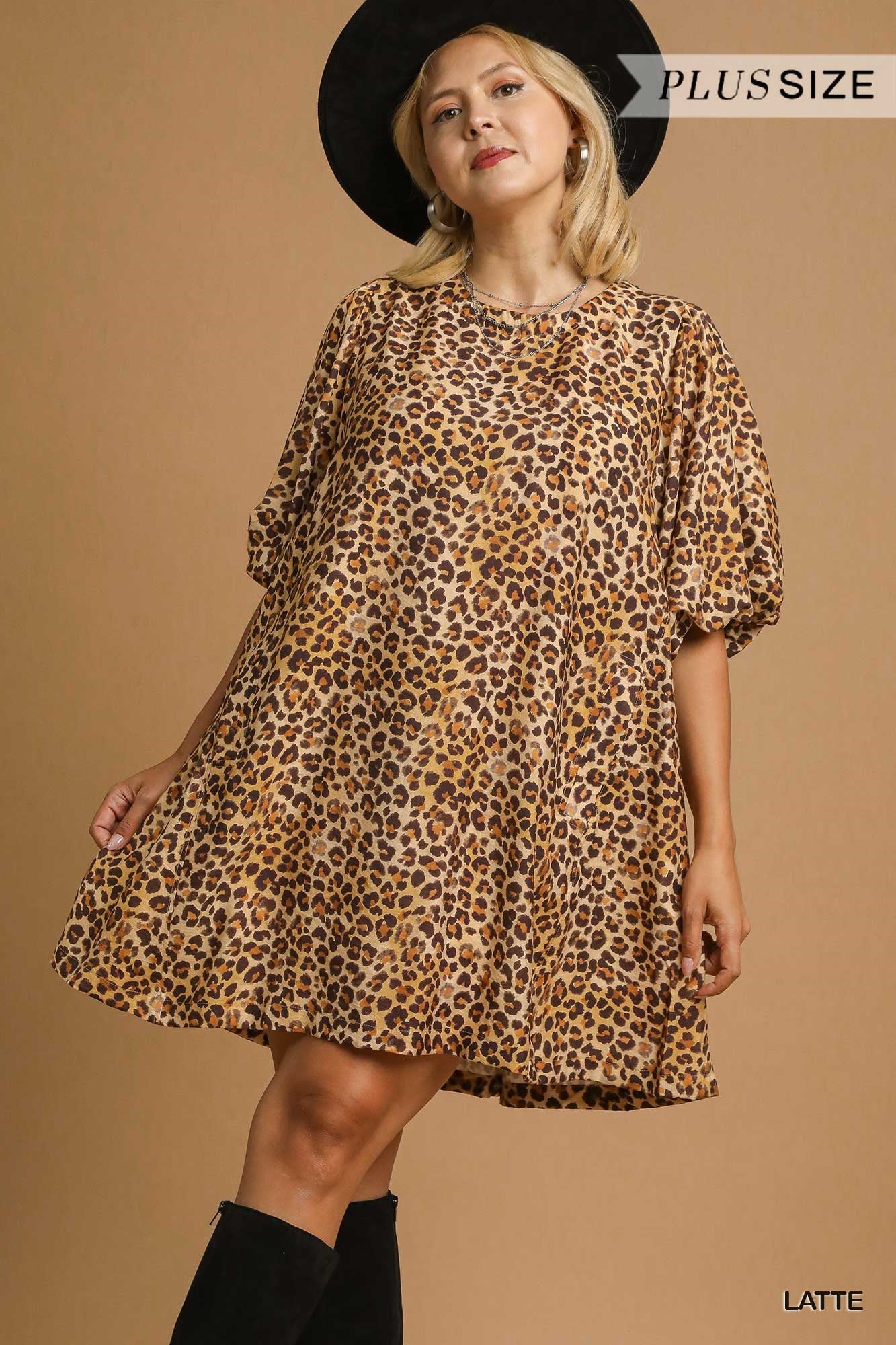 Umgee Plus Size Leopard Print Puff Sleeve Dress