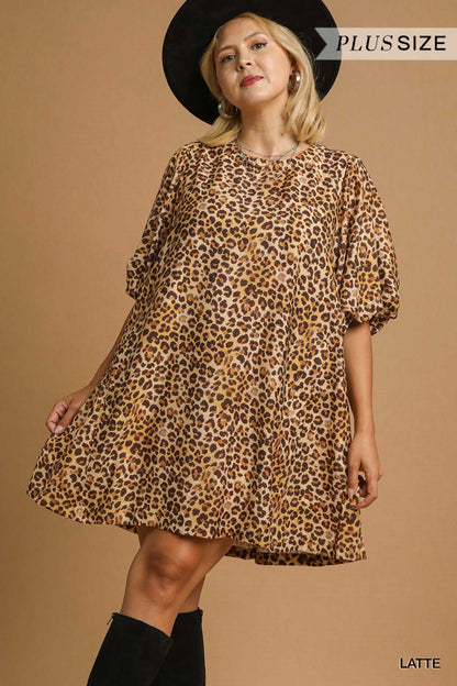 Umgee Plus Size Leopard Print Puff Sleeve Dress