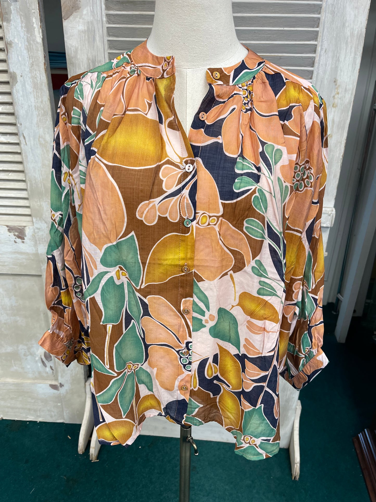 Gigio Batwing Blouse with Mandarin Collar and Fabric Covered Buttons