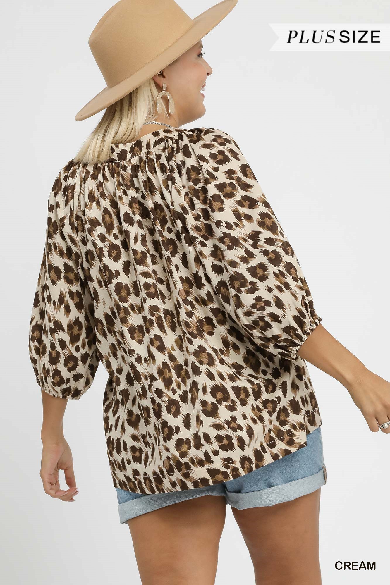 Umgee Plus Size Cream Leopard Print V-Neck Blouse