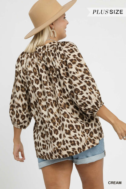 Umgee Plus Size Cream Leopard Print V-Neck Blouse