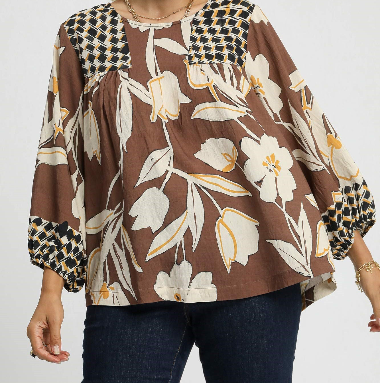 Umgee Plus Size Brown Mix Floral Print Blouse