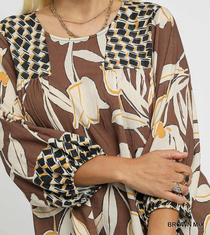 Umgee Plus Size Brown Mix Floral Print Blouse