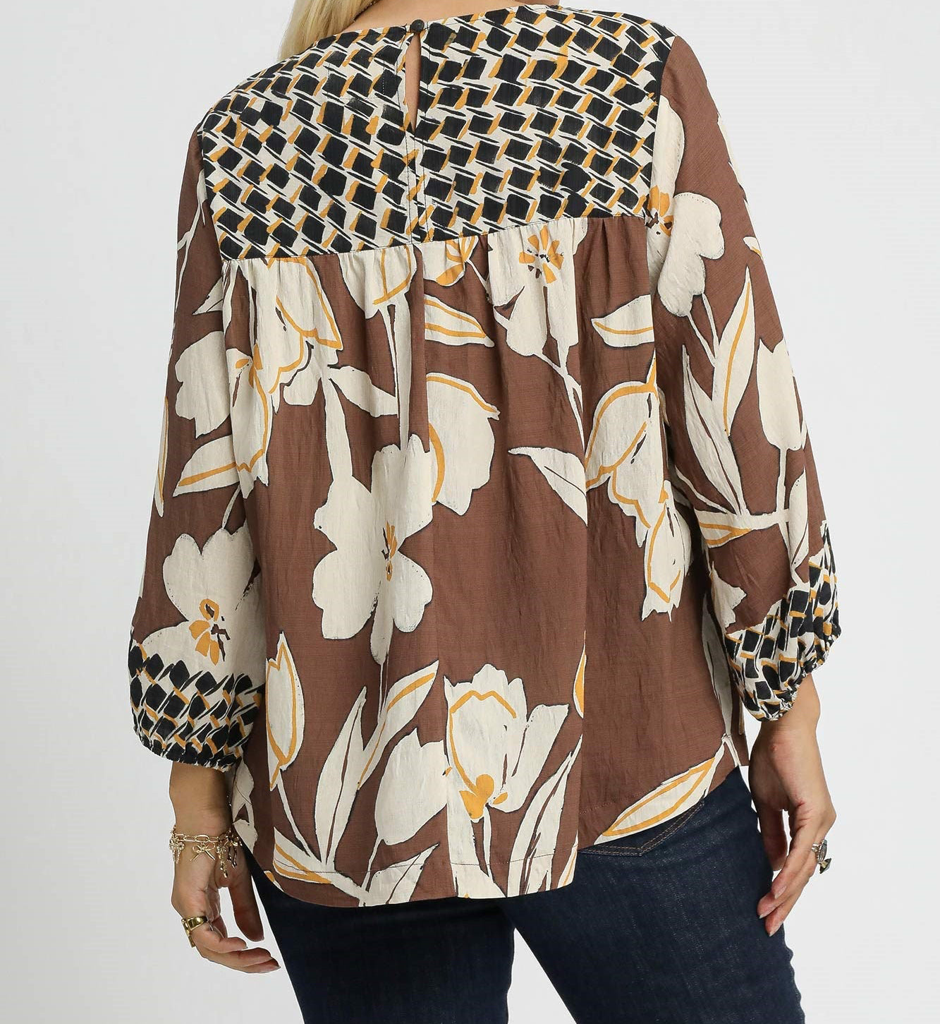 Umgee Plus Size Brown Mix Floral Print Blouse