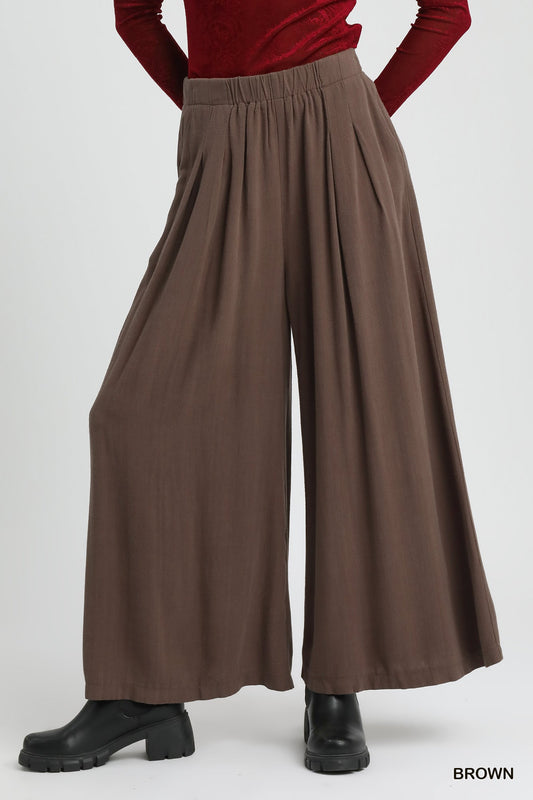 Umgee Brown Linen High Waisted Wide Leg Palazzo Pants