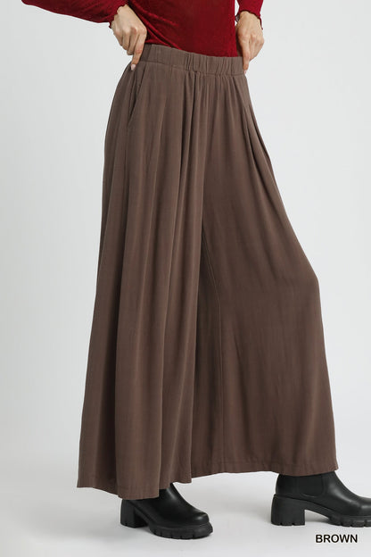 Umgee Brown Linen High Waisted Wide Leg Palazzo Pants