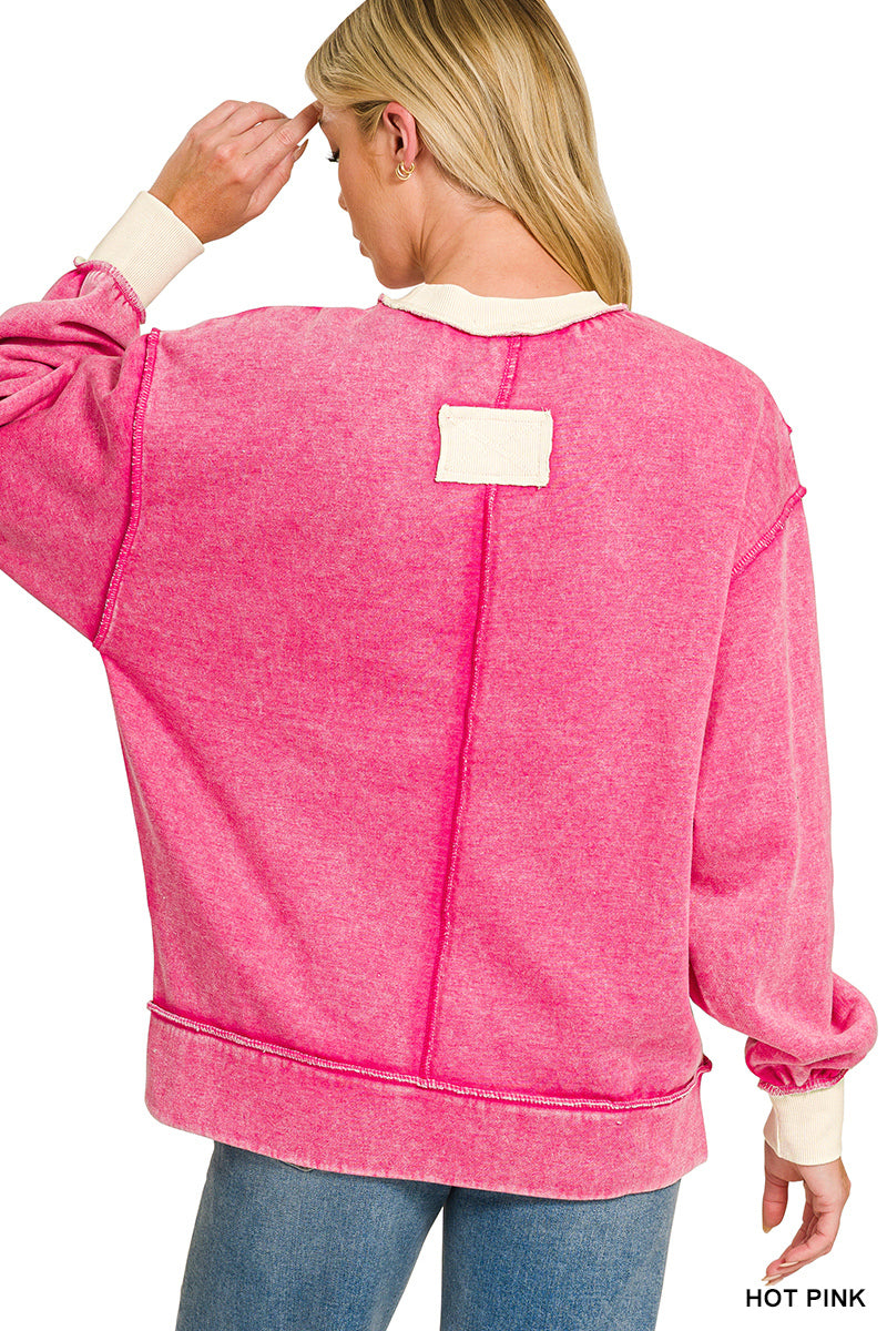 Zenana Hot Pink FLEECE ACID WASHED CONTRAST TRIM SWEATSHIRTS