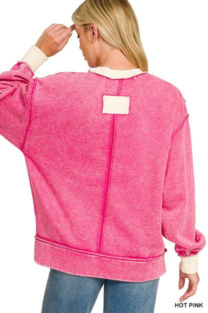 Zenana Hot Pink FLEECE ACID WASHED CONTRAST TRIM SWEATSHIRTS
