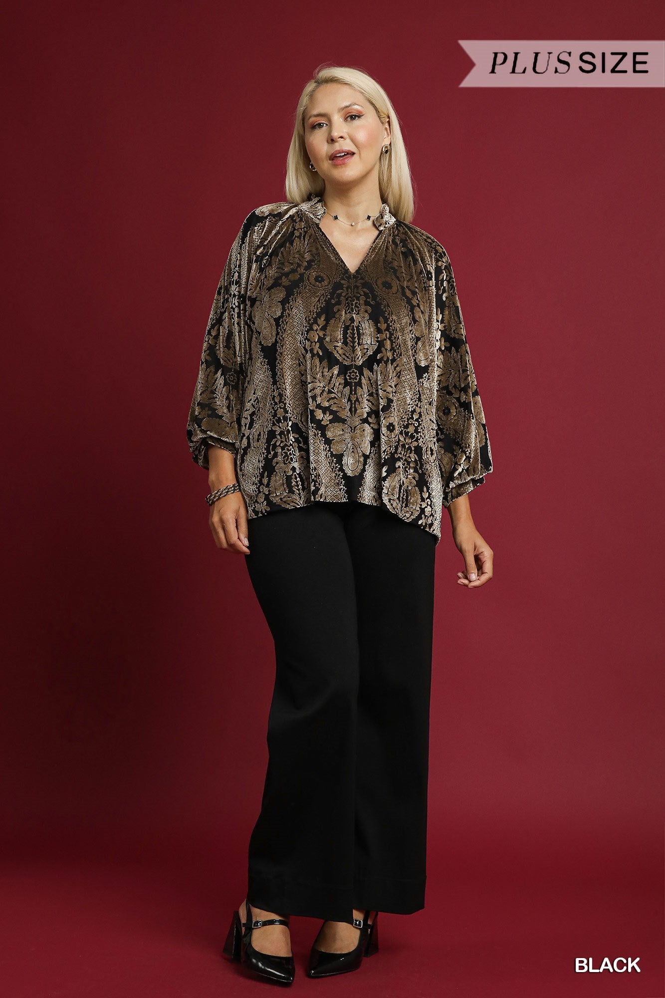 Umgee Damask Print Velvet Split Neck Top