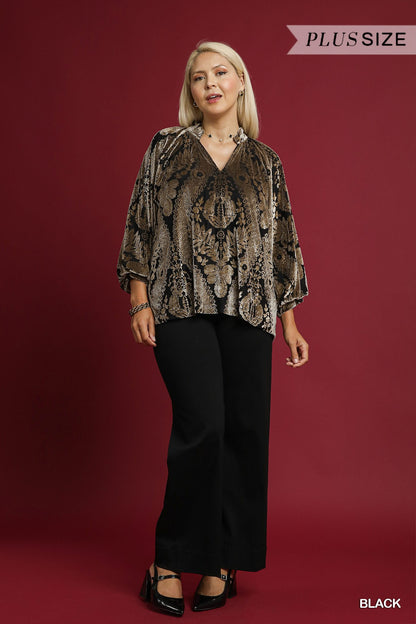 Umgee Damask Print Velvet Split Neck Top
