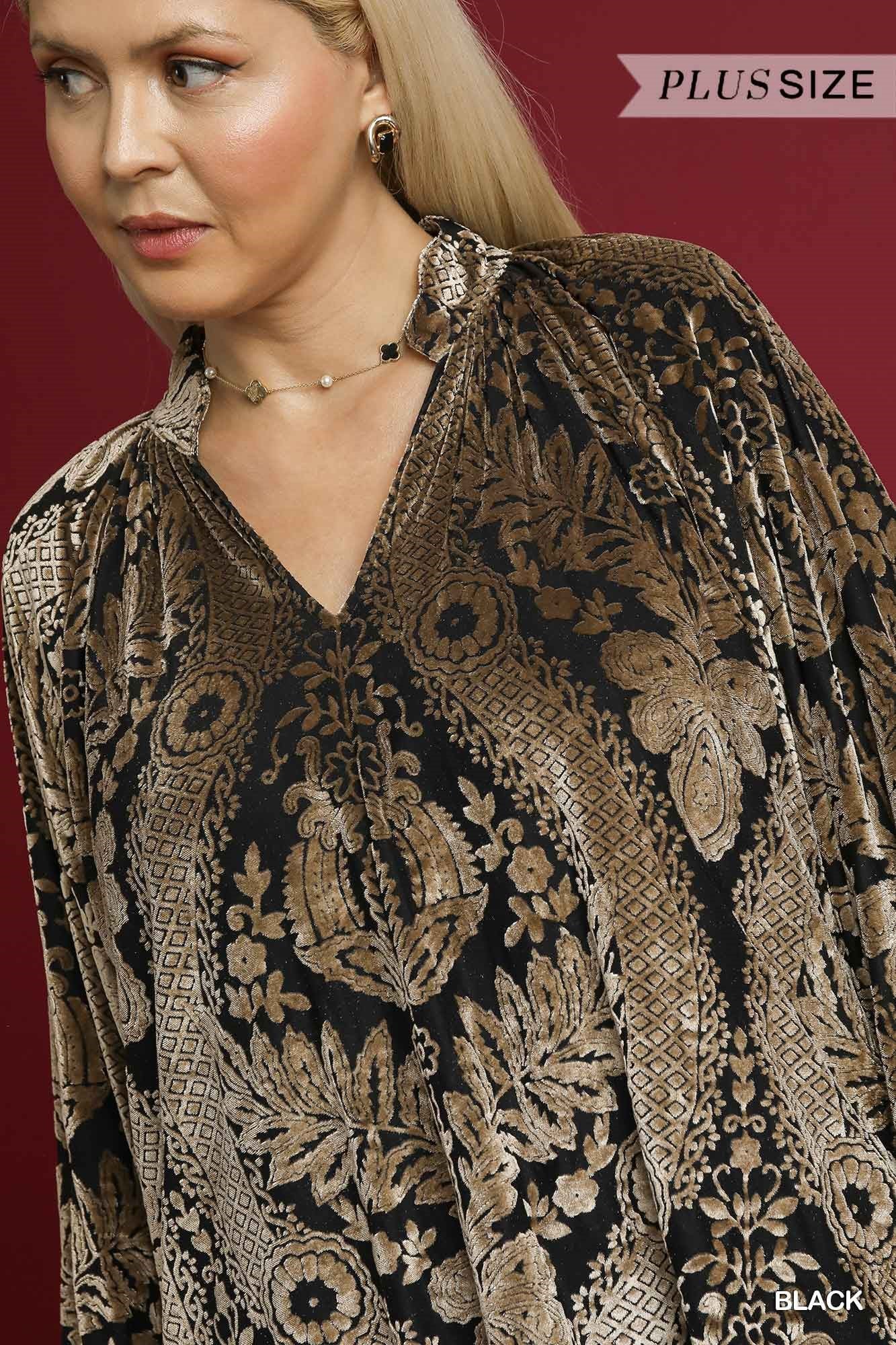 Umgee Damask Print Velvet Split Neck Top