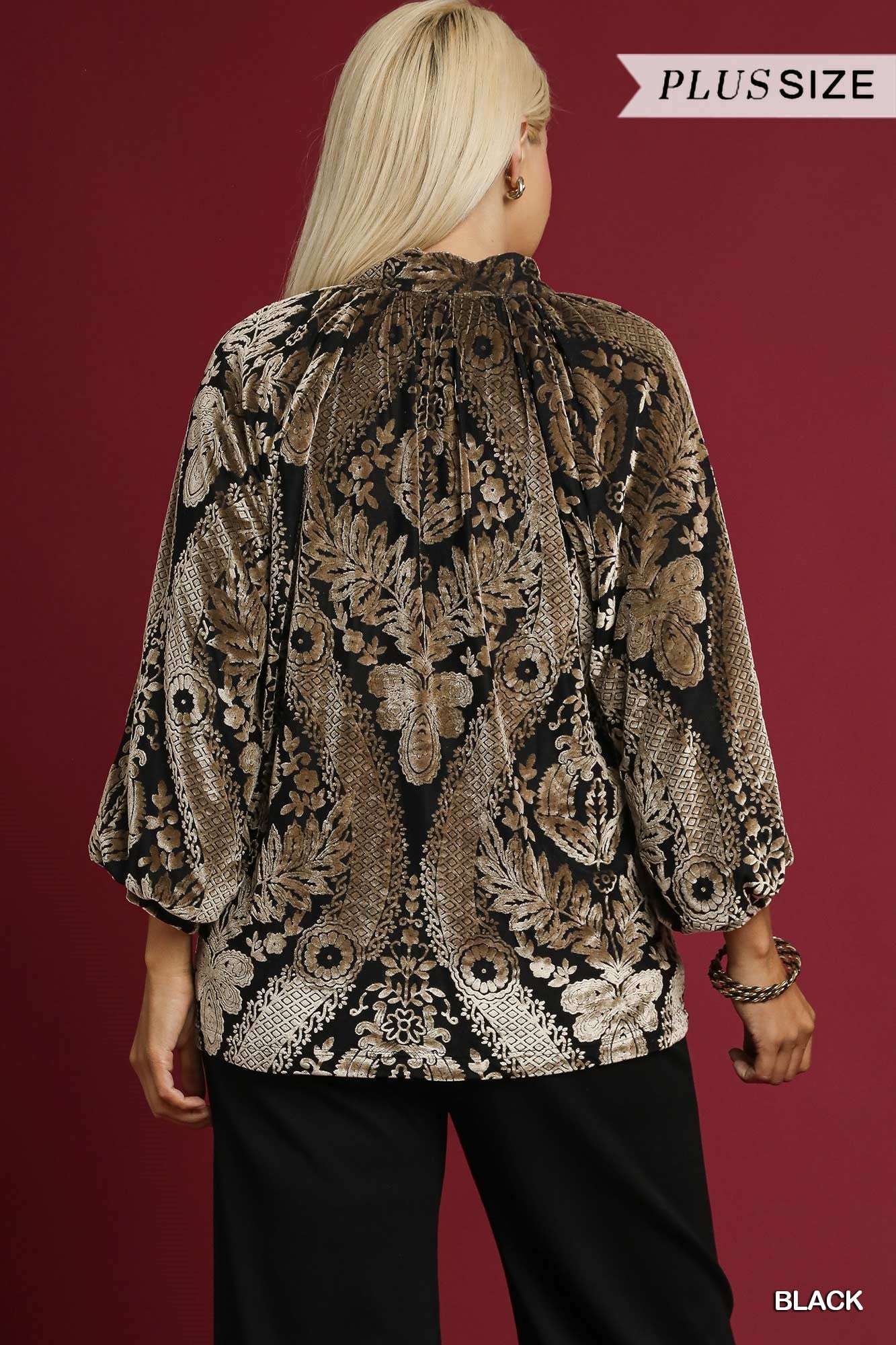 Umgee Damask Print Velvet Split Neck Top