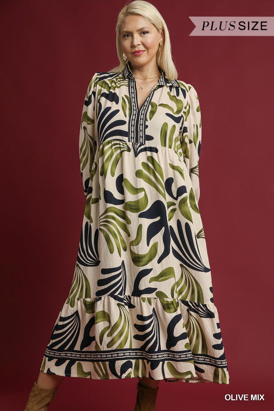 Umgee Plus Size Olive Boho Leafy Print Maxi Dress