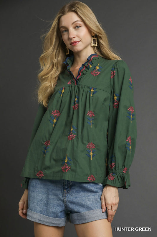 Umgee Hunter Green Embroidered Floral Ruffle Neck Blouse