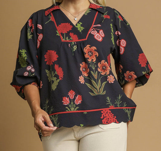 Umgee Plus Size Black Floral Print Textured Fabric Collared Top