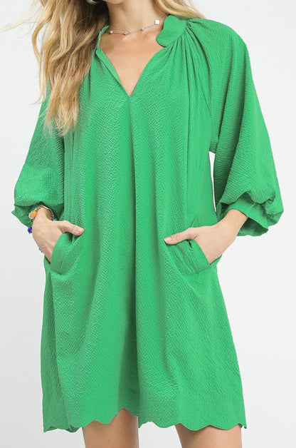 Umgee Green Textured Pocket Mini Dress