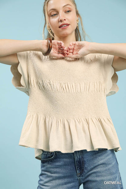 Umgee Linen Blend Smocked Peplum Top