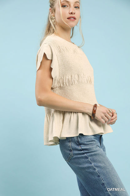 Umgee Linen Blend Smocked Peplum Top