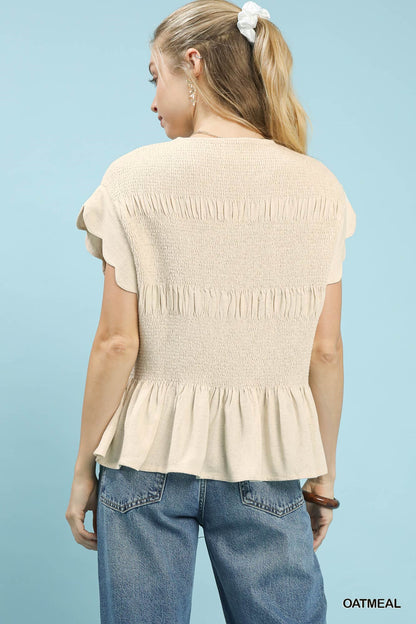 Umgee Linen Blend Smocked Peplum Top