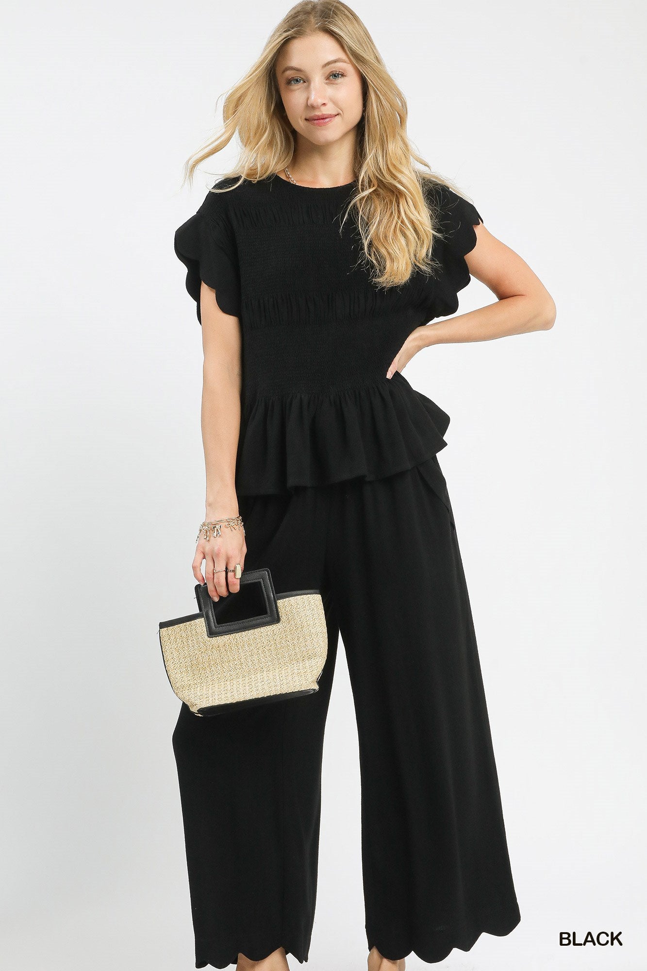 Umgee Black Linen Blend Smocked Peplum Top